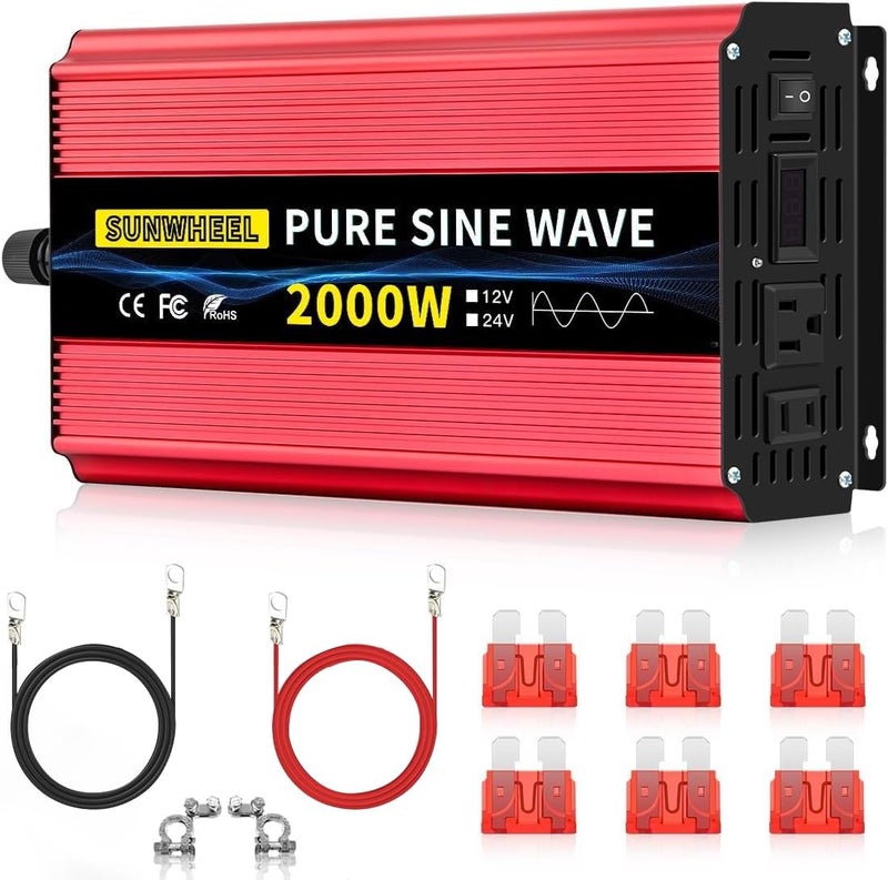 SUNWHEEL 2000W 24V Pure Sine Wave Inverter, 24V DC to 110V/120V AC Power Inverter for RV、Off Grid、Truck、Power Outage with 2 AC outlets and LCD Display - Image 1
